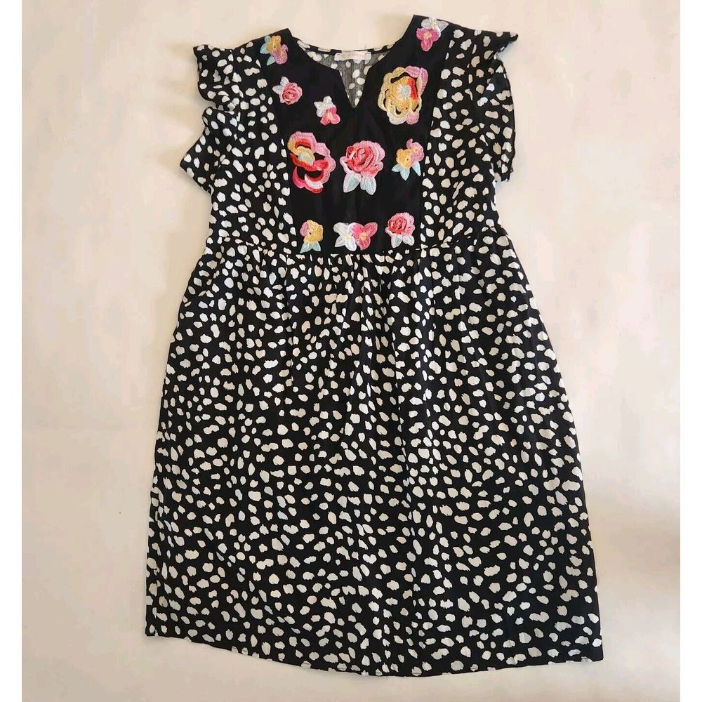 Kirundo Leopard Embroidered Floral V-Neck Flowy Babydoll Dress Womens Size Small